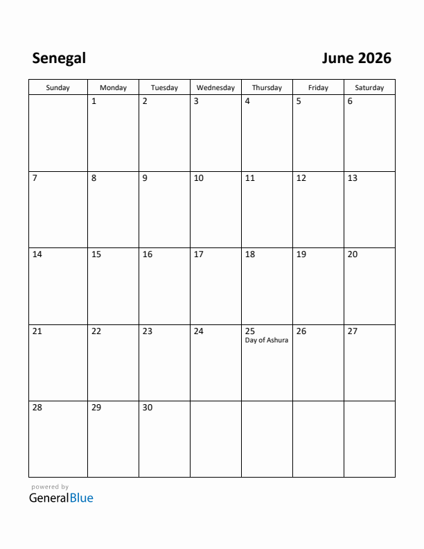 June 2026 Calendar with Senegal Holidays