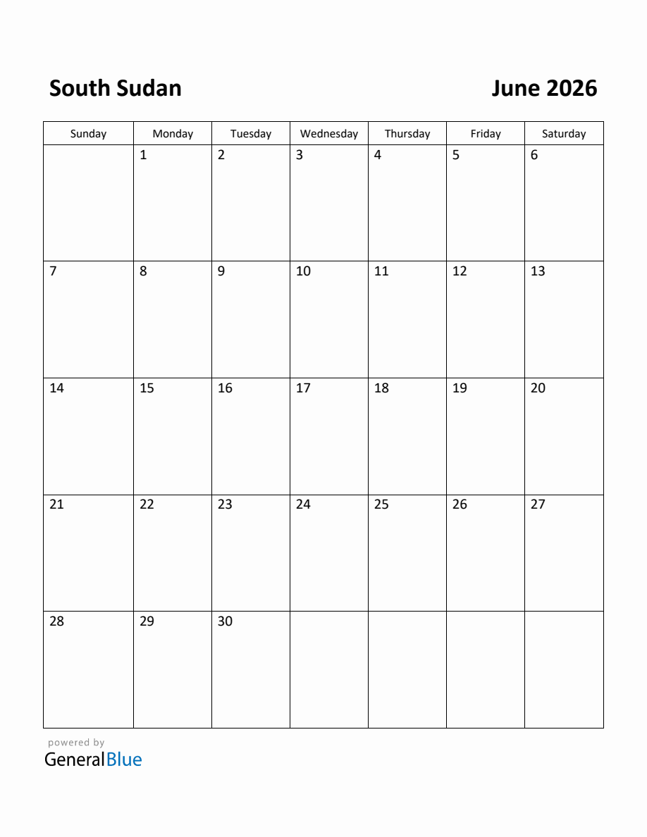 Free Printable June 2026 Calendar for South Sudan
