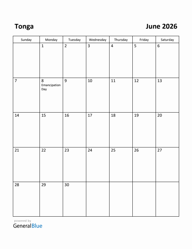 June 2026 Calendar with Tonga Holidays