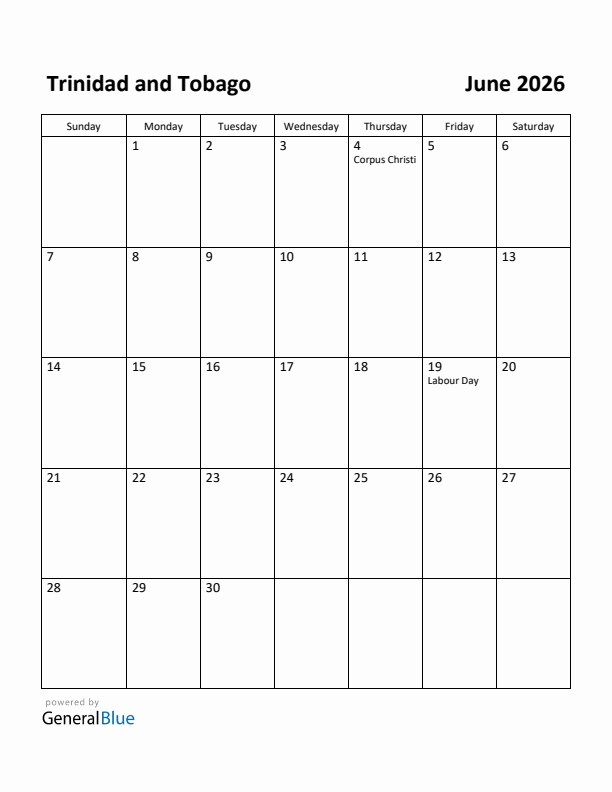 June 2026 Calendar with Trinidad and Tobago Holidays