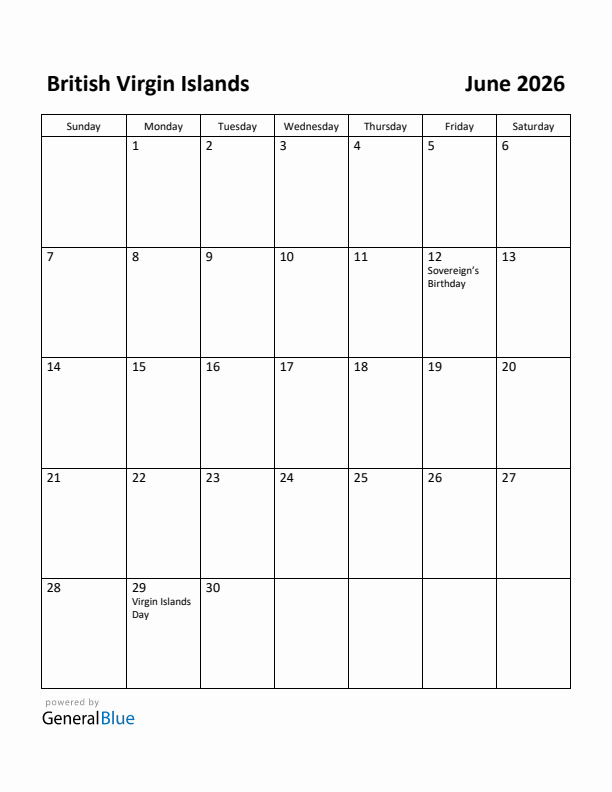 June 2026 Calendar with British Virgin Islands Holidays