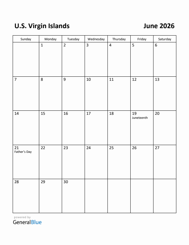 June 2026 Calendar with U.S. Virgin Islands Holidays