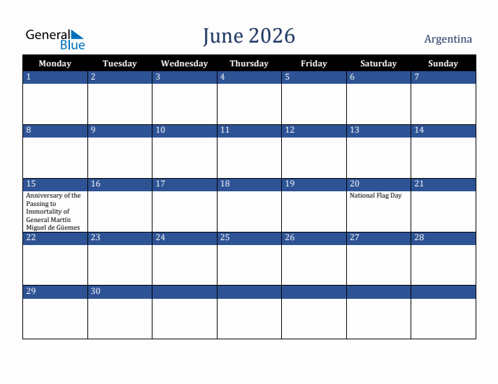 June 2026 Argentina Calendar (Monday Start)
