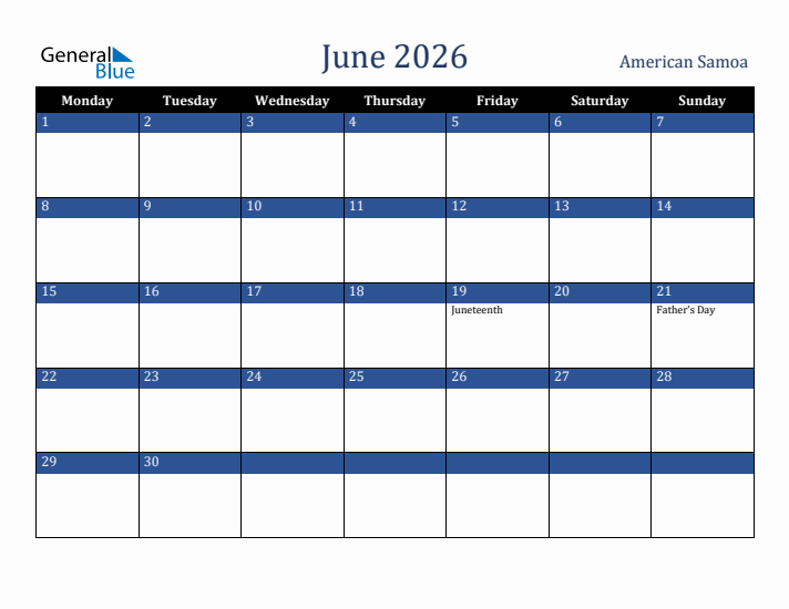 June 2026 American Samoa Calendar (Monday Start)