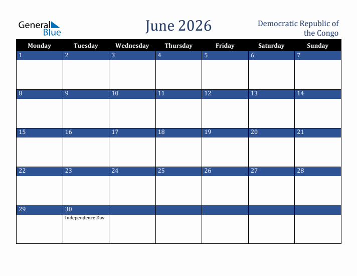 June 2026 Democratic Republic of the Congo Calendar (Monday Start)