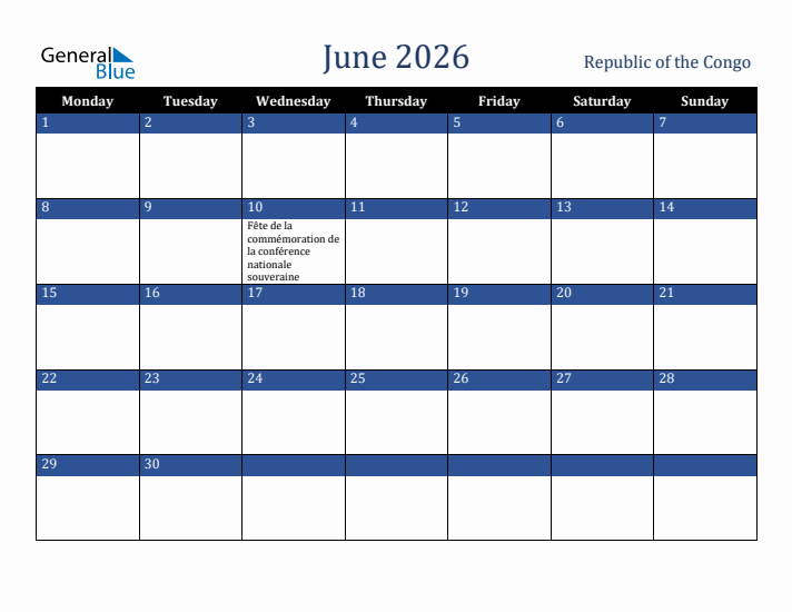 June 2026 Republic of the Congo Calendar (Monday Start)