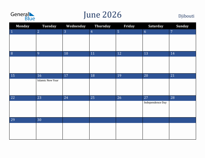 June 2026 Djibouti Calendar (Monday Start)