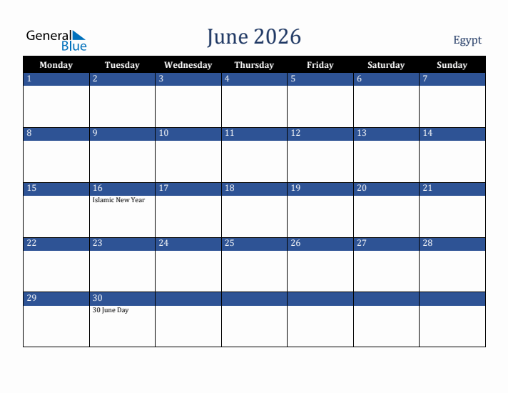June 2026 Egypt Calendar (Monday Start)