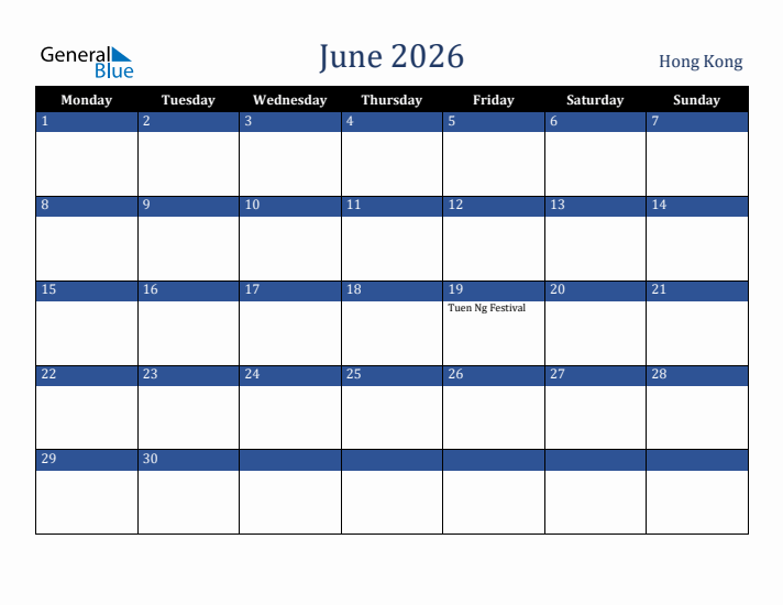 June 2026 Hong Kong Calendar (Monday Start)
