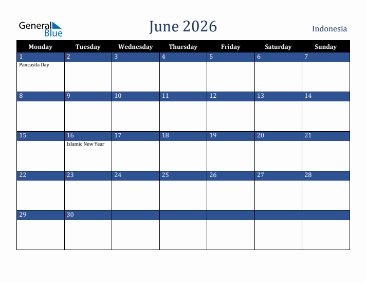 June 2026 Indonesia Calendar (Monday Start)