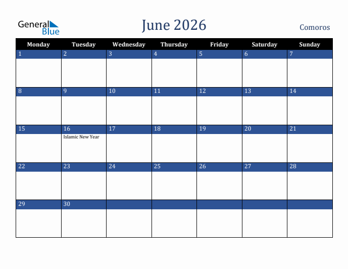 June 2026 Comoros Calendar (Monday Start)