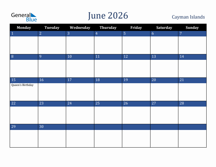 June 2026 Cayman Islands Calendar (Monday Start)