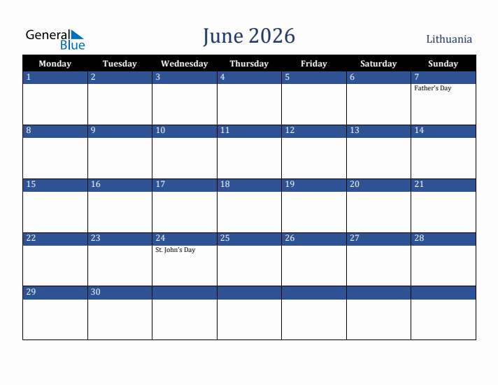 June 2026 Lithuania Calendar (Monday Start)