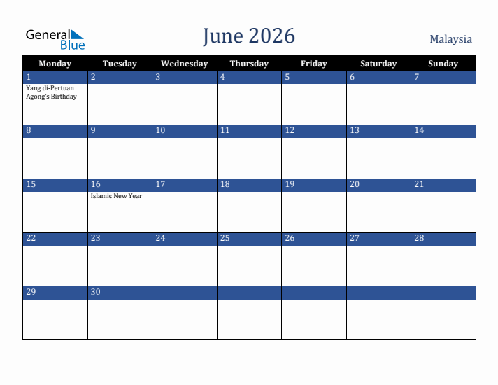June 2026 Malaysia Calendar (Monday Start)