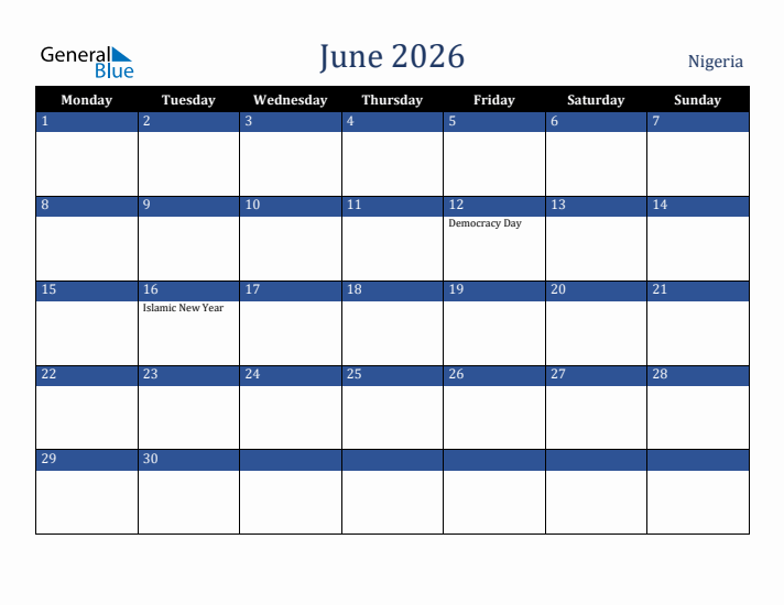 June 2026 Nigeria Calendar (Monday Start)