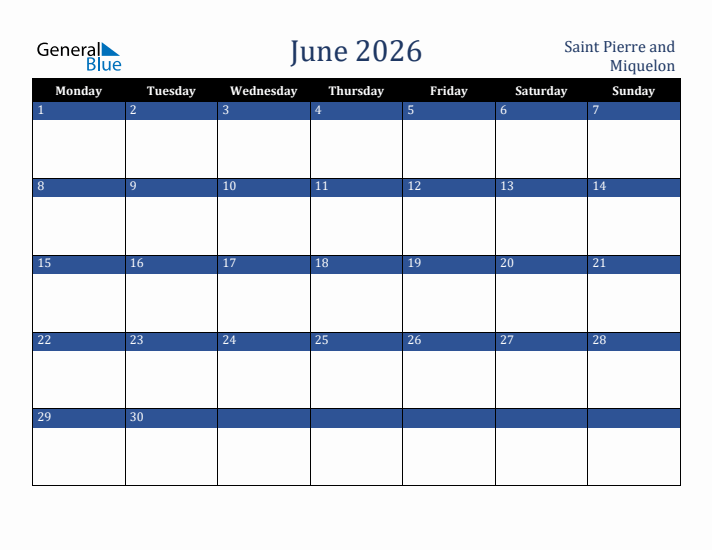 June 2026 Saint Pierre and Miquelon Calendar (Monday Start)