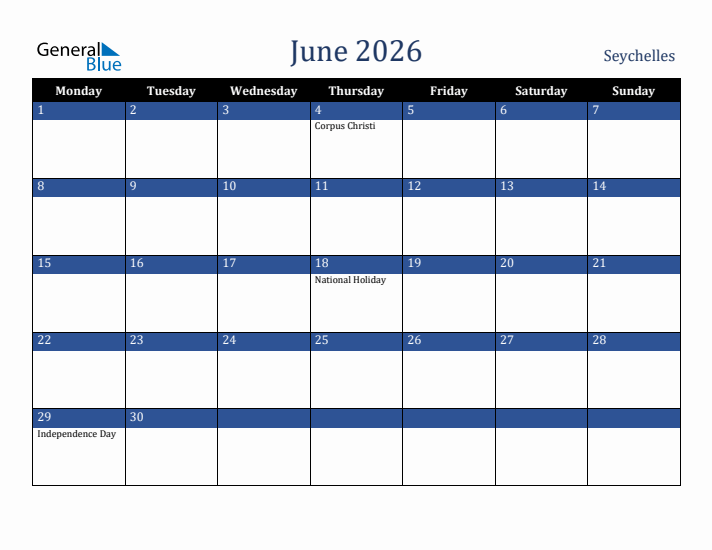 June 2026 Seychelles Calendar (Monday Start)