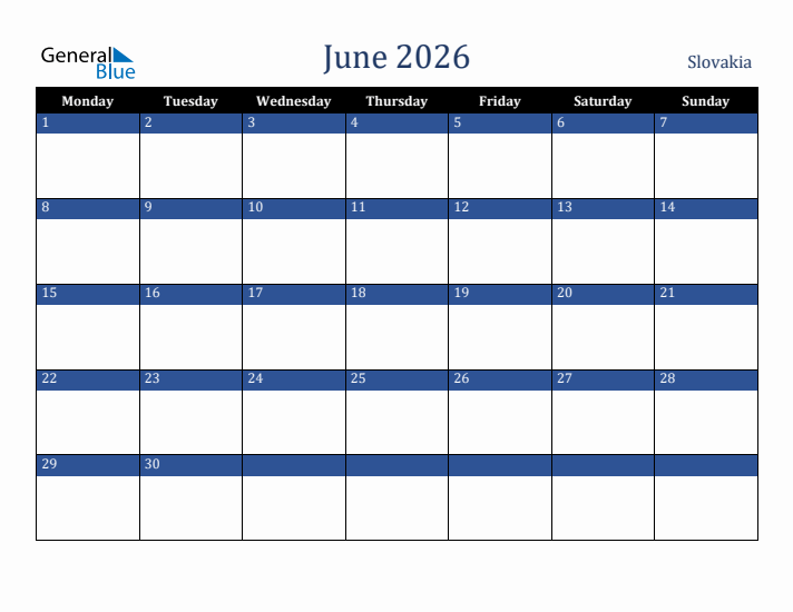 June 2026 Slovakia Calendar (Monday Start)