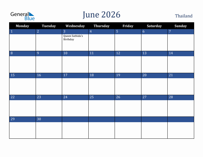 June 2026 Thailand Calendar (Monday Start)