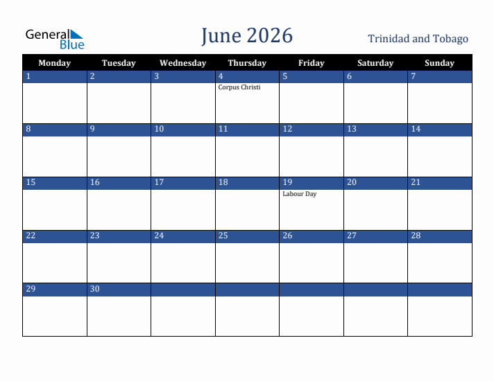 June 2026 Trinidad and Tobago Calendar (Monday Start)