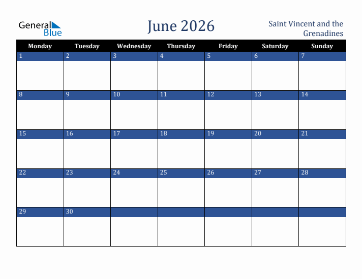 June 2026 Saint Vincent and the Grenadines Calendar (Monday Start)