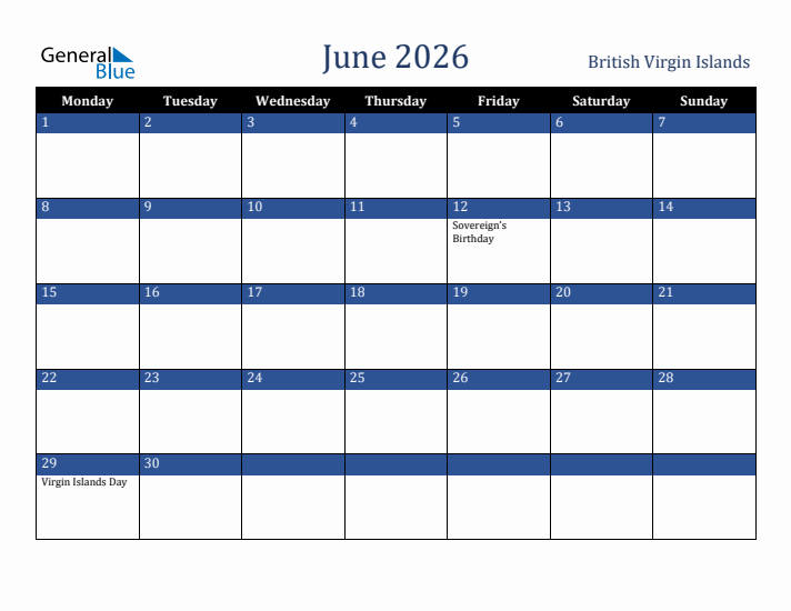 June 2026 British Virgin Islands Calendar (Monday Start)