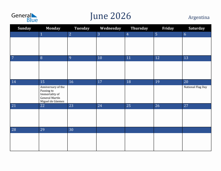 June 2026 Argentina Calendar (Sunday Start)