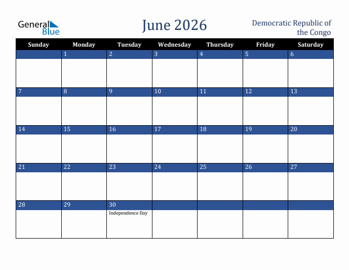 June 2026 Democratic Republic of the Congo Calendar (Sunday Start)