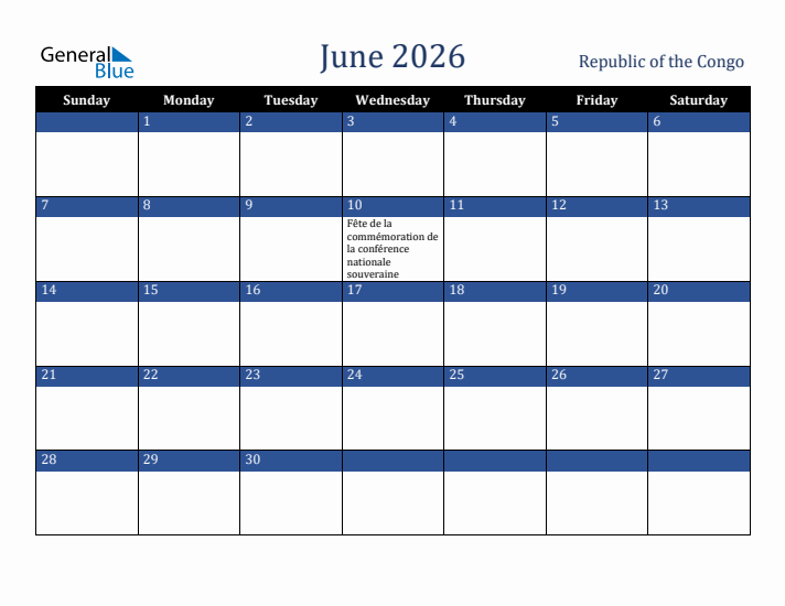 June 2026 Republic of the Congo Calendar (Sunday Start)