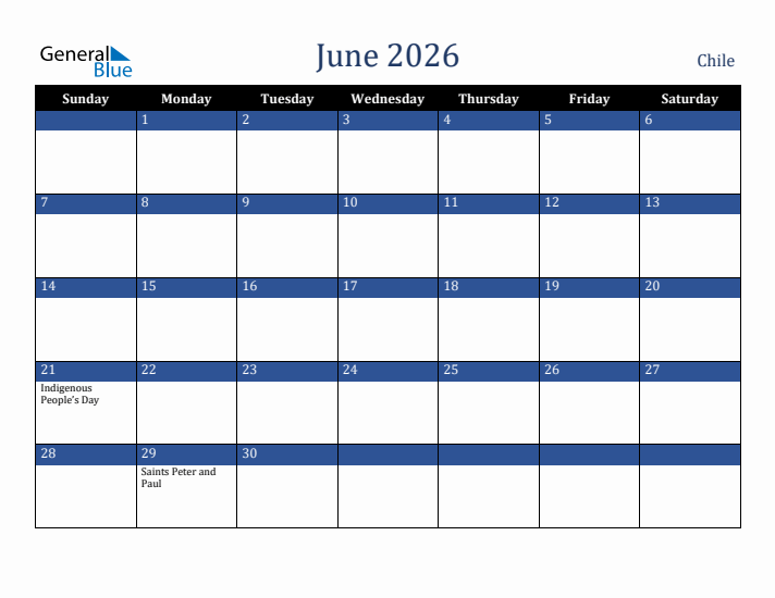 June 2026 Chile Calendar (Sunday Start)