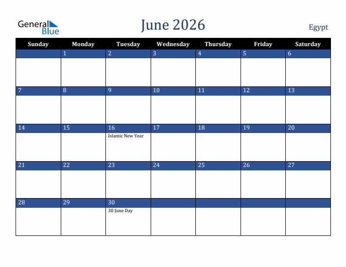 June 2026 Egypt Calendar (Sunday Start)