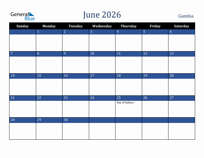 June 2026 Gambia Calendar (Sunday Start)