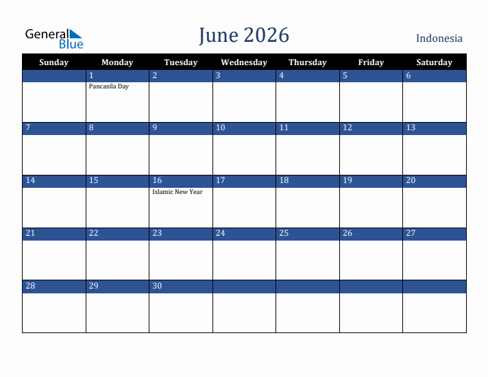 June 2026 Indonesia Calendar (Sunday Start)