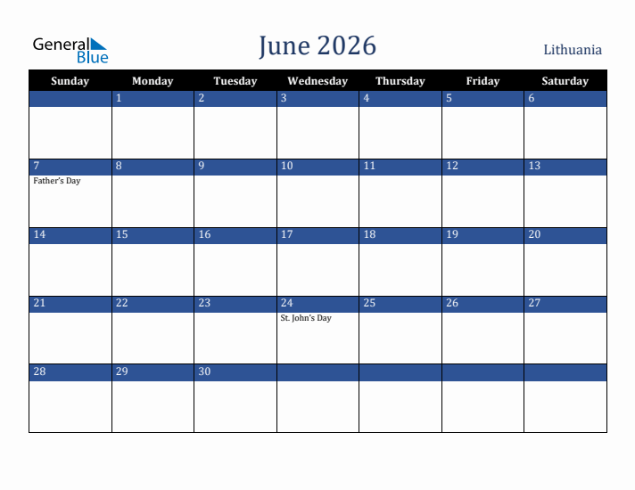 June 2026 Lithuania Calendar (Sunday Start)