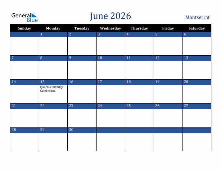 June 2026 Montserrat Calendar (Sunday Start)