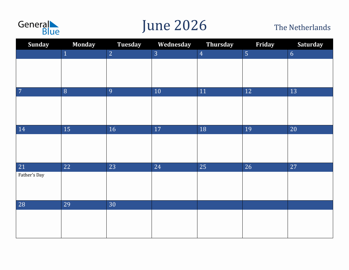 June 2026 The Netherlands Holiday Calendar