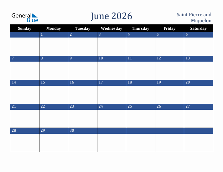 June 2026 Saint Pierre and Miquelon Calendar (Sunday Start)