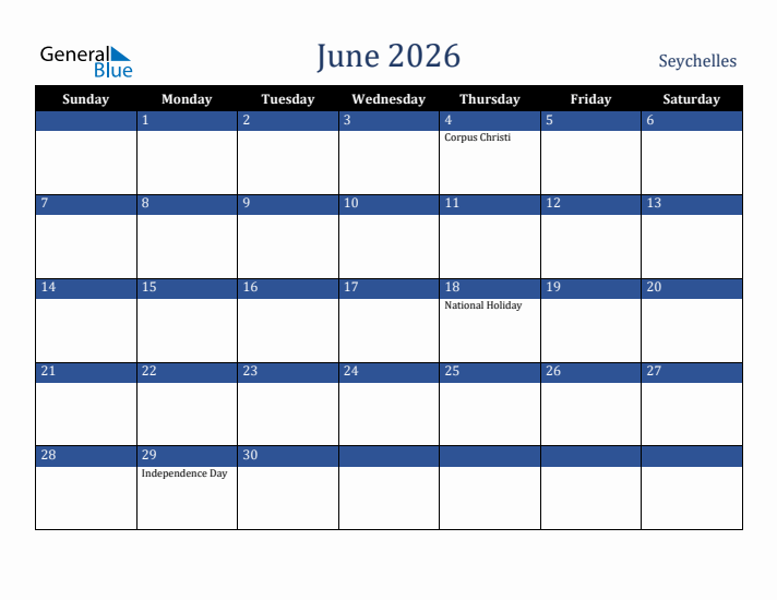 June 2026 Seychelles Calendar (Sunday Start)