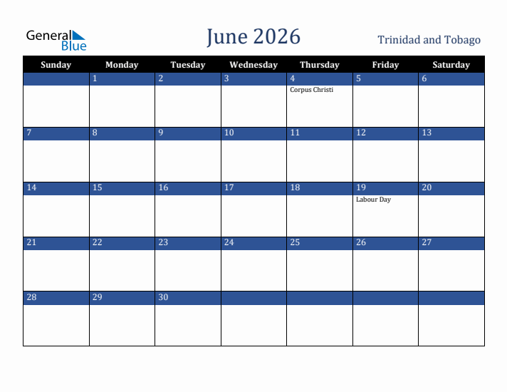 June 2026 Trinidad and Tobago Calendar (Sunday Start)