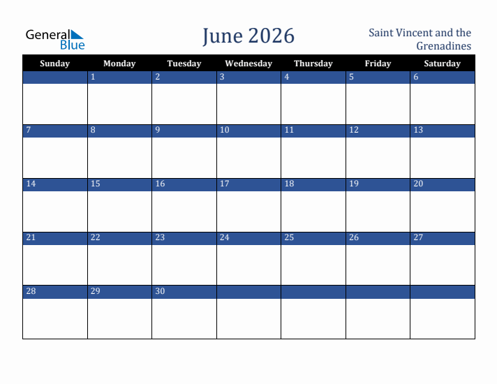 June 2026 Saint Vincent and the Grenadines Calendar (Sunday Start)