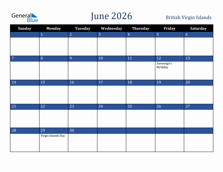 June 2026 British Virgin Islands Calendar (Sunday Start)