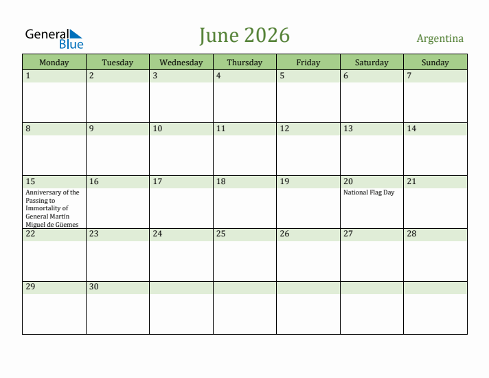 June 2026 Calendar with Argentina Holidays