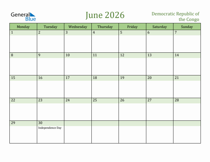 June 2026 Calendar with Democratic Republic of the Congo Holidays