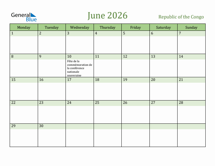 June 2026 Calendar with Republic of the Congo Holidays