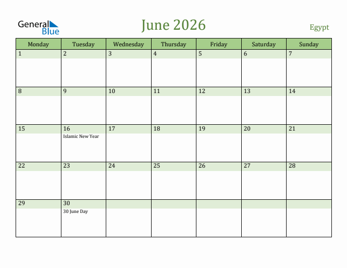 June 2026 Calendar with Egypt Holidays