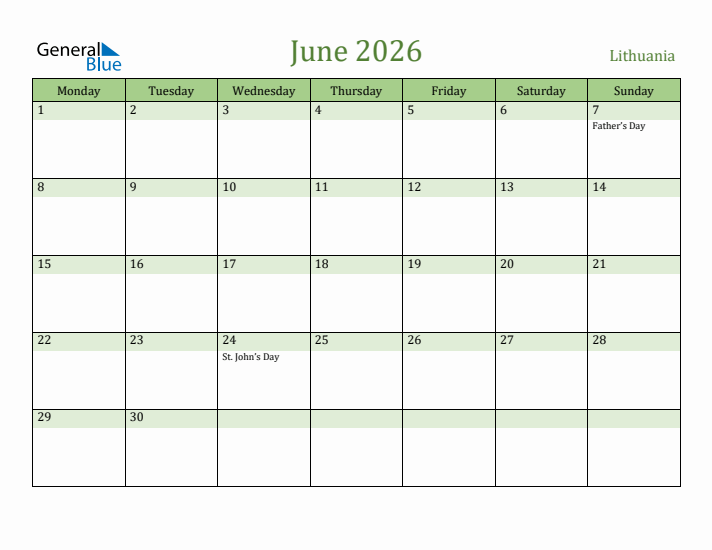 June 2026 Calendar with Lithuania Holidays