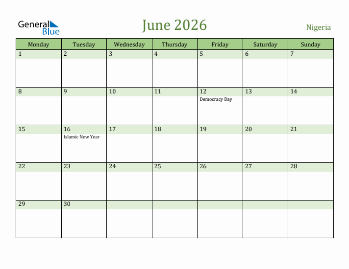 June 2026 Calendar with Nigeria Holidays