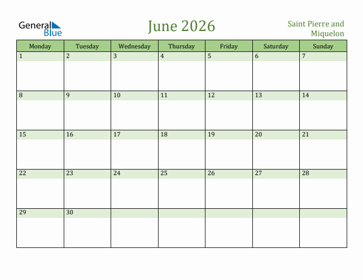 June 2026 Calendar with Saint Pierre and Miquelon Holidays