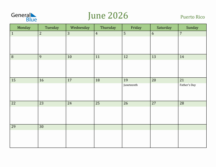June 2026 Calendar with Puerto Rico Holidays