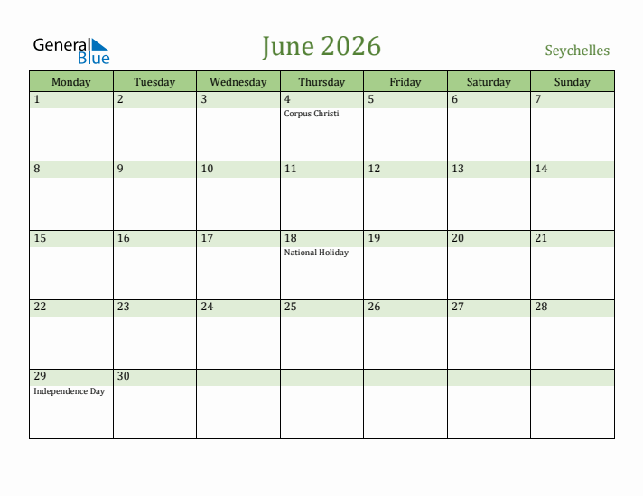 June 2026 Calendar with Seychelles Holidays